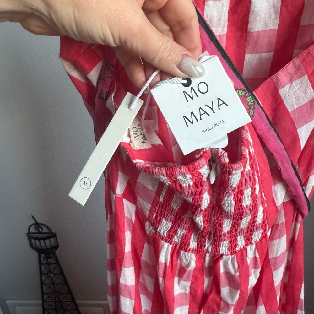 NWT Mo Maya Runa Gingham Check and Leopard Strap Print Maxi Dress Sz XS - Picture 15 of 16